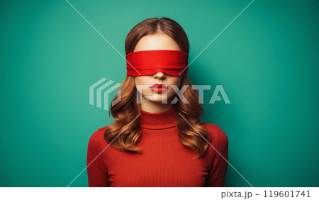 beautiful young woman in red blindfold and lips. mysterious girl over green wall background beautiful young woman in red blindfold and lips. mysterious girl over green wall background 119601741
