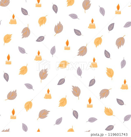 Autumn fancy leaves, candles seamless pattern, vector minimalist concept flat style simple illustration, hand drawn natural floral repeat ornament for textile, gift paper, autumn holidays decor 119601743