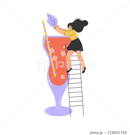 Woman Character with Big Cocktail Glass on Ladder Add Mint Vector Illustration 119601748