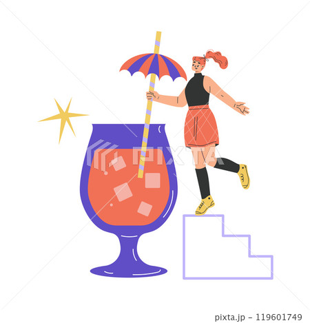 Woman Character with Big Cocktail Glass on Ladder Vector Illustration 119601749