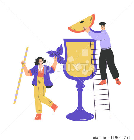 Man and Woman Character with Big Cocktail Glass on Ladder Add Apple Slice Vector Illustration 119601751