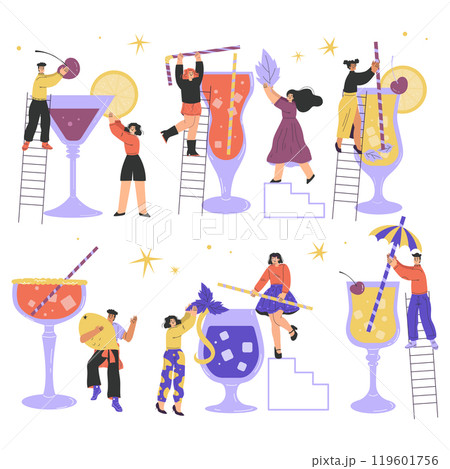 People Character with Big Cocktail Glass with Straw Vector Set 119601756