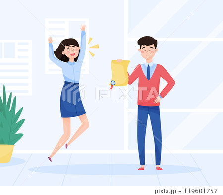 Business Man and Woman Character with Certificate Vector Illustration 119601757