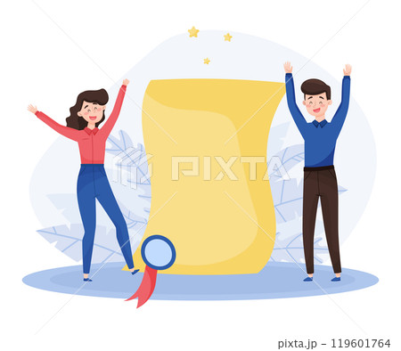 Business Man and Woman Character with Certificate Vector Illustration 119601764