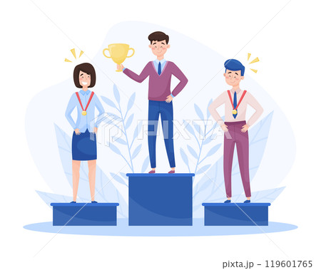 Business Man and Woman Character with Golden Cup or Goblet Award Vector Illustration 119601765