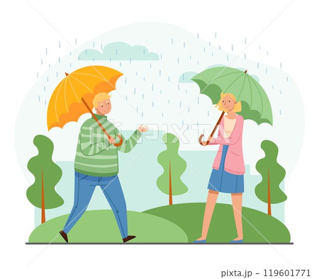 Man and Woman Character with Umbrella Walking Outdoor at Rainy Day Vector Illustration Man and Woman Character with Umbrella Walking Outdoor at Rainy Day Vector Illustration 119601771