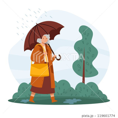 Woman Character with Umbrella Walking Outdoor at Rainy Day Vector Illustration Woman Character with Umbrella Walking Outdoor at Rainy Day Vector Illustration 119601774