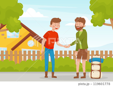 Man Friend Handshake Travel with Backpack Enjoy Vacation Vector Illustration 119601778