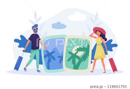 Man and Woman Travel with Suitcase Enjoy Vacation Vector Illustration Man and Woman Travel with Suitcase Enjoy Vacation Vector Illustration 119601793