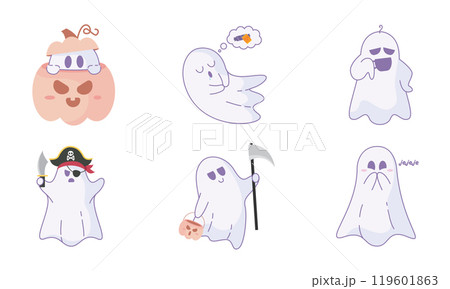 Ghost pattern on purple background with playful expressions, Vector 119601863
