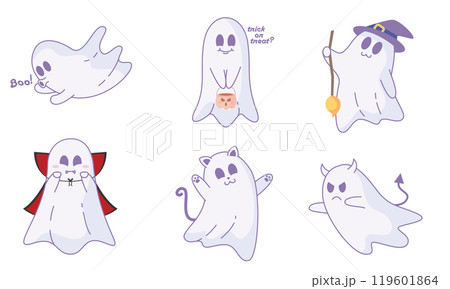 Cute Halloween ghost pattern with various expressions, Vector 119601864