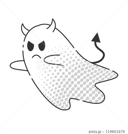 Angry cartoon ghost with horns and devil tail, halftone effect, Vector 119601878