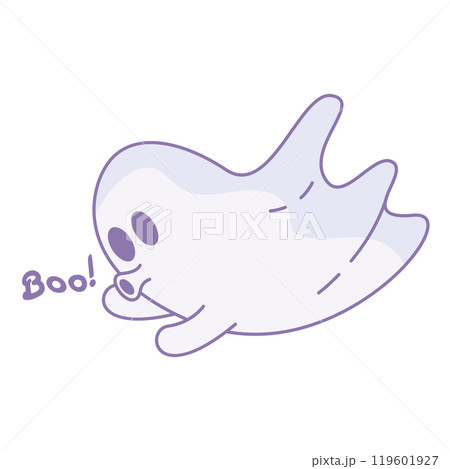 Floating cartoon ghost saying Boo while flying, Vector 119601927