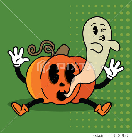 Pumpkin cartoon character with ghost coming out, Vector Pumpkin cartoon character with ghost coming out, Vector 119601937