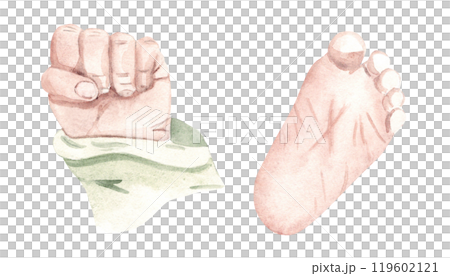 Set of Newborn Baby Fist and Foot Sole. Hand drawn Watercolor illustration on a white background. For Baby shower and Gender Party Cards and Invitations. 119602121