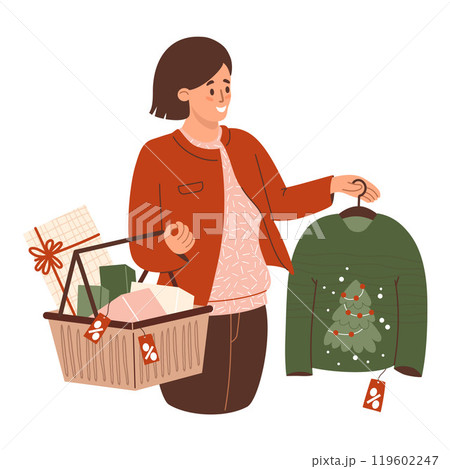 New year Shopping sale. Happy woman with pile of gift boxes in shopping cart buys ugly Christmas sweater with xmas tree. Vector illustration. Holiday female shopper character 119602247
