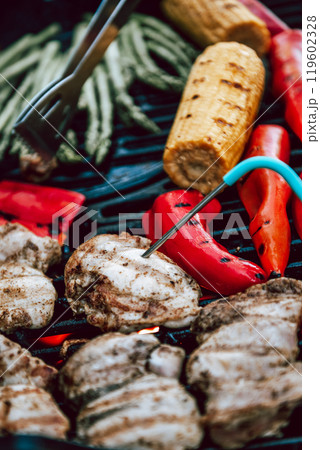 Grilled chicken meat with vegetables on barbecue grill with smoke. 119602328