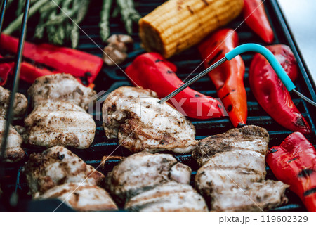 Grilled chicken meat with vegetables on barbecue grill with smoke. Grilled chicken meat with vegetables on barbecue grill with smoke. 119602329