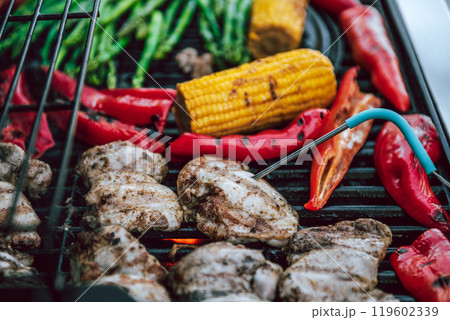 Grilled chicken meat with vegetables on barbecue grill with smoke. 119602339