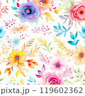 Pastel watercolor flowers with stems and leaves. Watercolor art background. 119602362