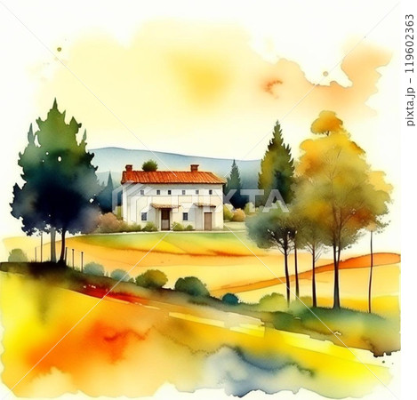 Rural italian landscape. Olive plantation with old olive trees in Italy watercolor illustration Rural italian landscape. Olive plantation with old olive trees in Italy watercolor illustration 119602363