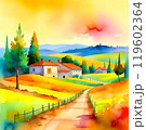 Rural italian landscape. Olive plantation with old olive trees in Italy watercolor illustration 119602364