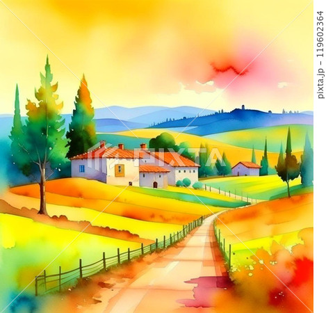 Rural italian landscape. Olive plantation with old olive trees in Italy watercolor illustration 119602364