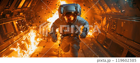 Astronaut runs inside burning spaceship like in sci-fi movie, fire and explosion in spacecraft or space station. Concept of disaster, accident 119602385