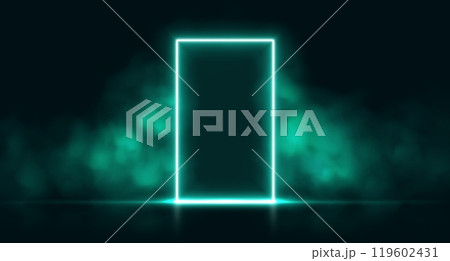 Neon door with smoke, teal glowing portal, futuristic arch gate, magic border with vapor. 119602431
