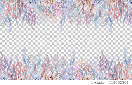 Seaweed banner Watercolor underwater board. Hand drawn cartoon marine background for design for undersea card. Celebration panoramic framework for cards for kid holiday. 119602501