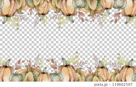 Pumpkin banner Watercolor fall frame. Hand drawn cartoon autumn vegetable, fruit for design for Halloween card, menu. Celebration framework for cards for harvest holiday. 119602507