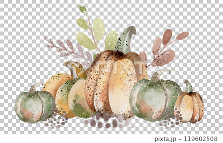 Watercolor Pumpkins cartoon illustration. Hand drawn autumn vegetable, fruit for design for Halloween card, menu. Celebration drawing cucurbits for cards for harvest holiday. 119602508