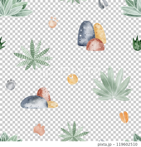 Watercolor seamless pattern cartoon landscape green leaves, stones, traces. Hand drawn cute background for children. Drawing Childish botanical design wallpaper. Simple design nature for baby textile. 119602510