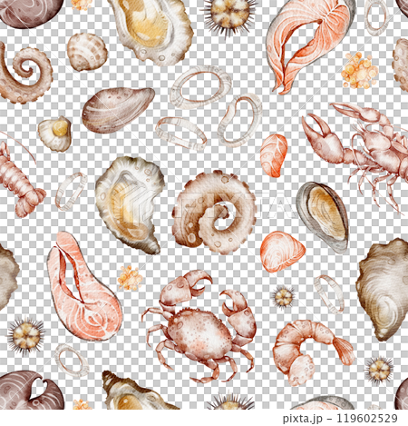 Watercolor Seafood seamless pattern on black background. Hand drawn shrimp, lobster, crab, clams, salmon for design wallpaper, print, menu. Mediterranean diet. Variety elements food in doodle style. 119602529