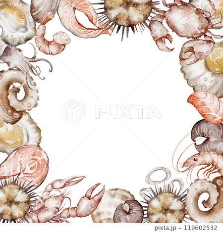 Seafood background Watercolor frame. Hand drawn shrimp, lobster, crab, clams, salmon for design for business card, menu. Mediterranean diet. Variety elements food in doodle style. 119602532