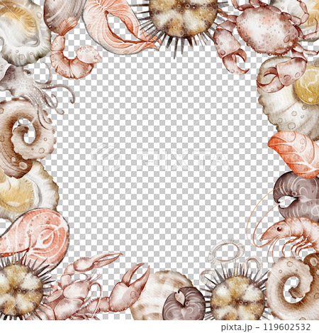 Seafood background Watercolor frame. Hand drawn shrimp, lobster, crab, clams, salmon for design for business card, menu. Mediterranean diet. Variety elements food in doodle style. 119602532