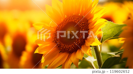 Field of sunflowers in bloom, hot sunny summer, macro shot - AI generated image 119602652