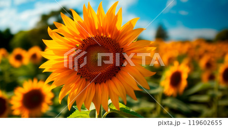 Field of sunflowers in bloom, hot sunny summer, panoramic bright background - AI generated image 119602655