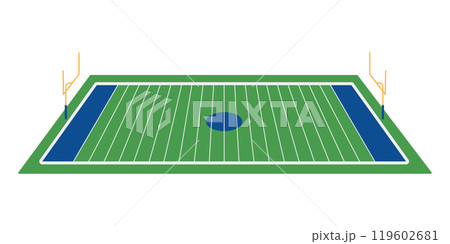 American football field with goal posts. Sports stadium ground with green grass or turf and white lines. Vector flat illustration isolated on white background 119602681
