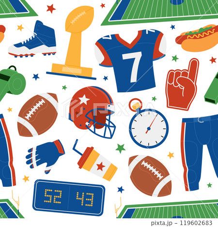 American football seamless pattern with jersey, pants, prize, ball, whistle, stopwatch, scoreboard, boots, helmet, foam fingers, field, hot dog, drink and gloves. Sport game. Vector flat background American football seamless pattern with jersey, pants, prize, ball, whistle, stopwatch, scoreboard, boots, helmet, foam fingers, field, hot dog, drink and gloves. Sport game. Vector flat background 119602683