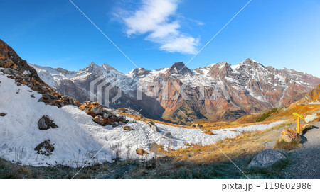 Incredible view of moutaine scenery at Grossglockner High Alpine Road during autumn. Incredible view of moutaine scenery at Grossglockner High Alpine Road during autumn. 119602986