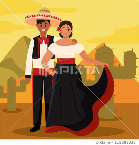 Mexican couple in traditional clothing in desert, Vector 119603035