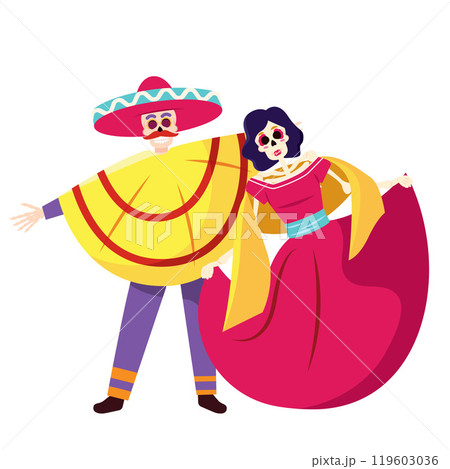 Smiling skeleton couple in traditional Mexican costumes, Vector 119603036