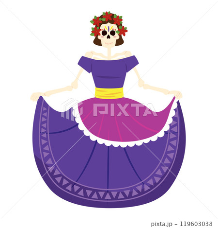 Female skeleton in purple dress for Day of the Dead, Vector 119603038