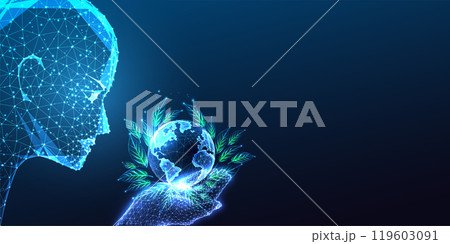 Sustainable development concept with AI robotic head holding Earth with leaves on blue background. Sustainable development concept with AI robotic head holding Earth with leaves on blue background. 119603091