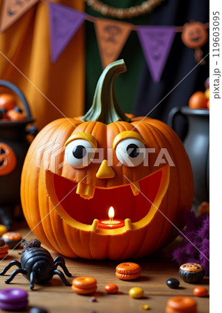 Festive Halloween pumpkin decoration with cheerful face and candlelight on a party table 119603095