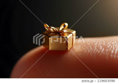 A tiny golden gift box rests delicately on a fingertip in warm, soft lighting above a dark background A tiny golden gift box rests delicately on a fingertip in warm, soft lighting above a dark background 119603096