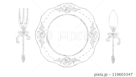 おしゃれな食器のイラスト ( ベクター 手描き風 アンティーク 皿 ナイフ フォーク ) 119603347