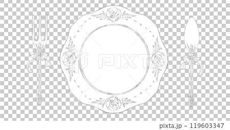 おしゃれな食器のイラスト ( ベクター 手描き風 アンティーク 皿 ナイフ フォーク ) 119603347