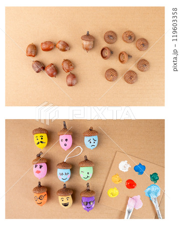 Easy following tutorial of vibrant acorns with faces and paint supplies on brown backdrop. Highlighting fun DIY craft ideas, seasonal decor inspiration, and creative autumn-themed design projects, Easy following tutorial of vibrant acorns with faces and paint supplies on brown backdrop. Highlighting fun DIY craft ideas, seasonal decor inspiration, and creative autumn-themed design projects, 119603358
